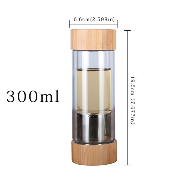 300ml 400ml Glass Water Bottles With Tea Infuser Shaker Double Wall Tea Drink Bottled For Water Two Mouths Bamboo Lid