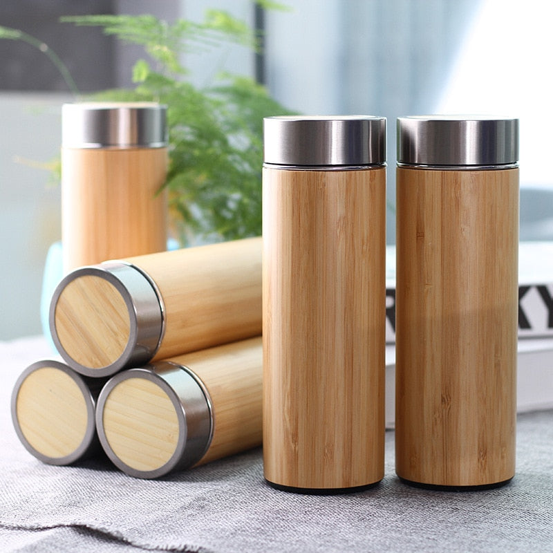 350ml Stainless Steel Thermos Bottle For Water Coffee Mug Vacuum Flask Straight Cup Cover Bamboo Creative For Travel Car Gift